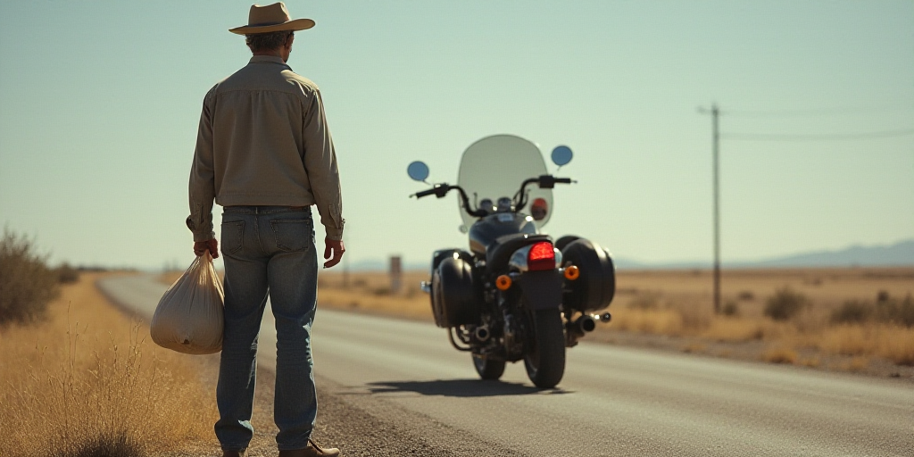 a man standing on the side of a road holding a bag of food in his hands and a motorcycle in the back