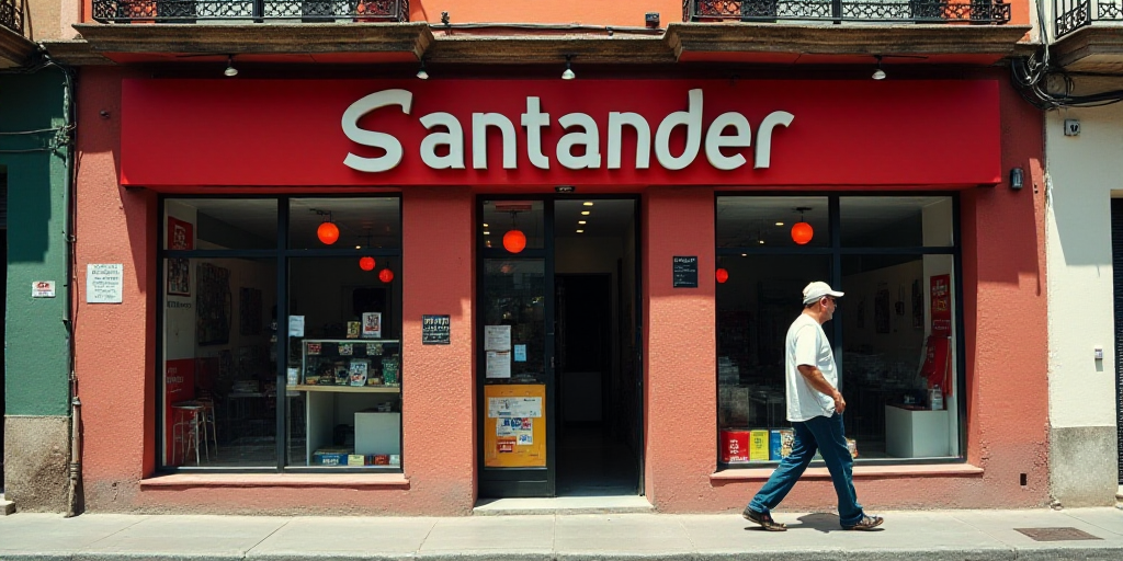 a man walking past a store front with a red sign on it's side and a red sign that says santander, Ca