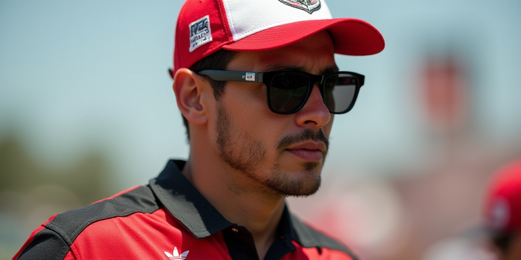 a man wearing a red and white baseball cap and sunglasses with a red and black shirt and a red and w
