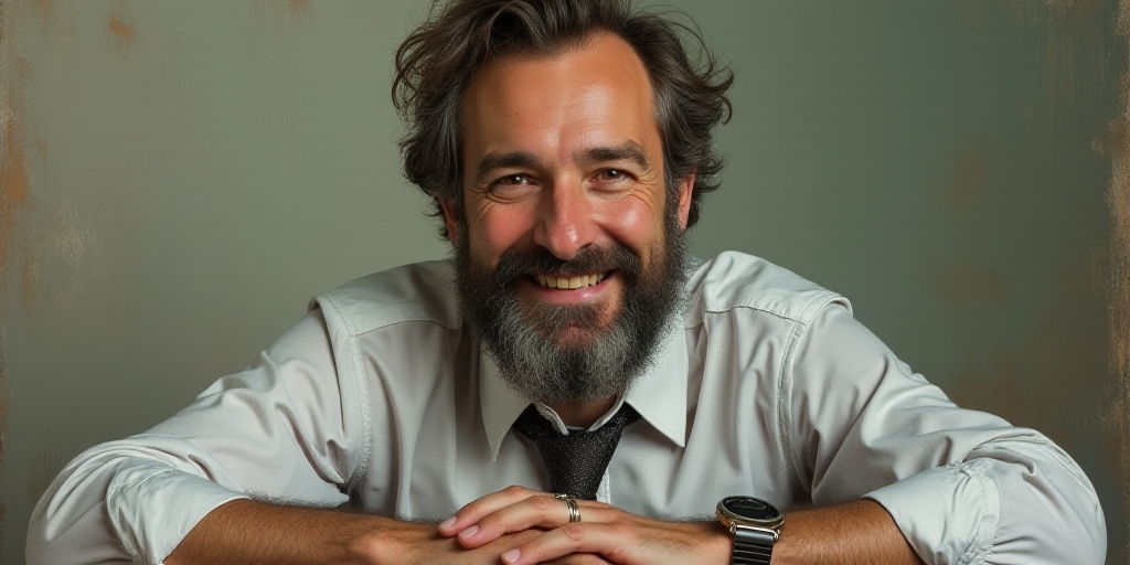 a man with a beard and a tie is smiling for the camera with his hands folded in front of him, Edward