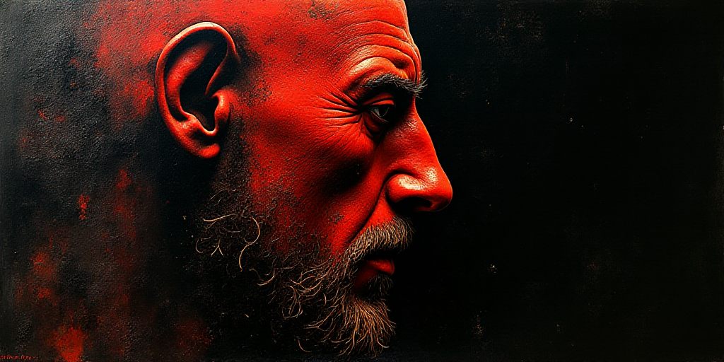 a man with a red face and a black background is shown in the image of a man with a red face, Enki Bi