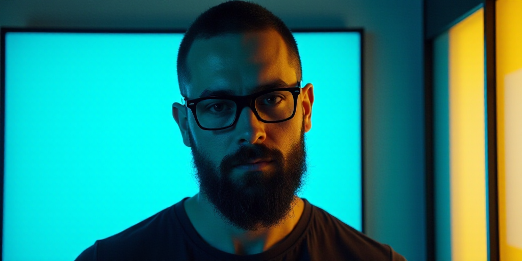 a man with glasses and a beard in front of a blue background with a black and yellow border and a bl