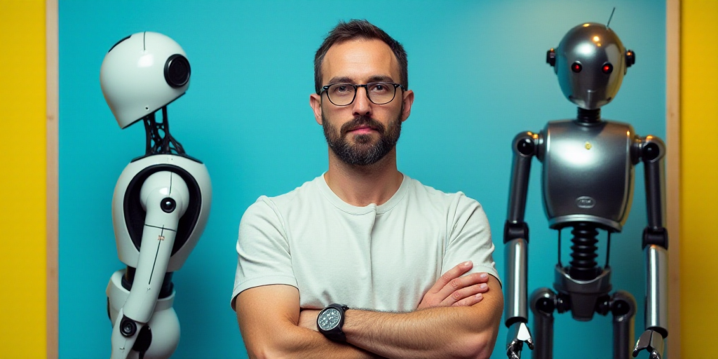 a man with his arms crossed in front of a blue background with a yellow border and a black and white