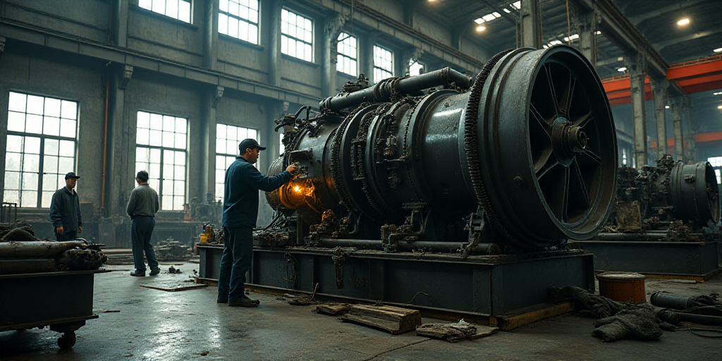 a man working on a large engine in a factory with other workers nearby on the floor of the building,