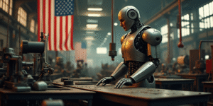 a man working on a machine in a factory with an american flag hanging from the ceiling behind him an