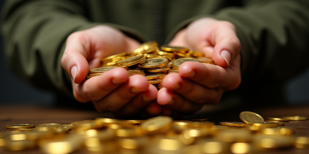 a person holding a handful of coins in their hands with a lot of them in the background and a pile o