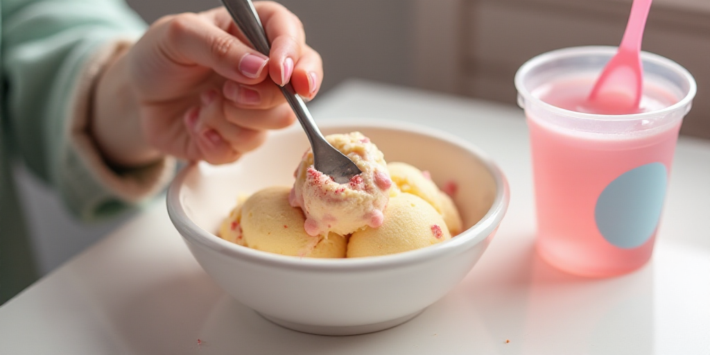 a person holding a spoon in a bowl of ice cream and water with a plastic spoon in it and a plastic c