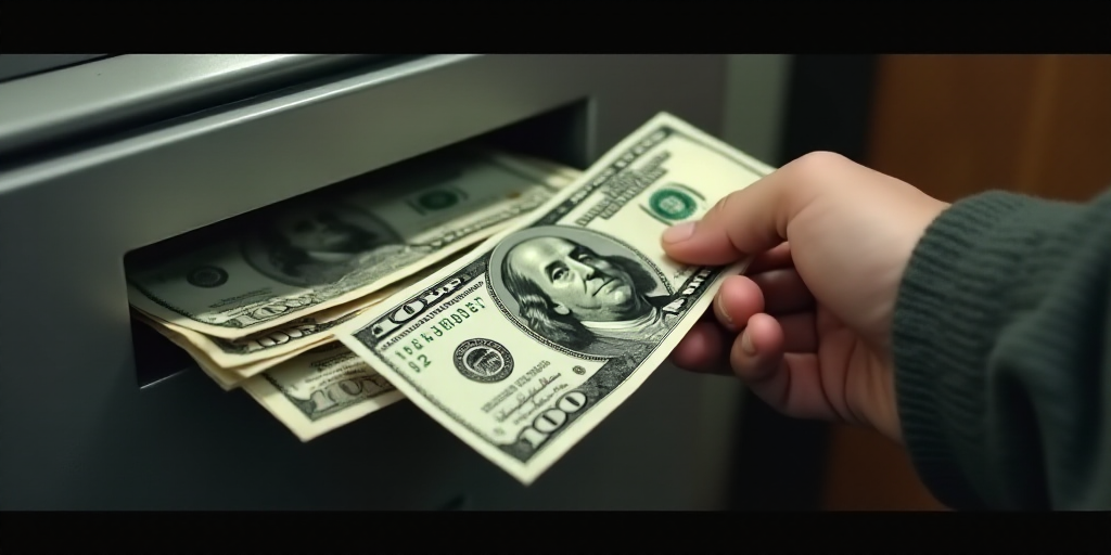 a person holding a stack of money in front of a machine with a bunch of bills in it's hand, Benjamin