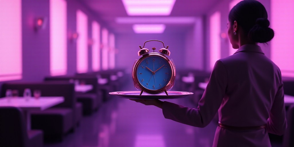 a person holding a tray with a clock on it in a restaurant with purple walls and tables and chairs,