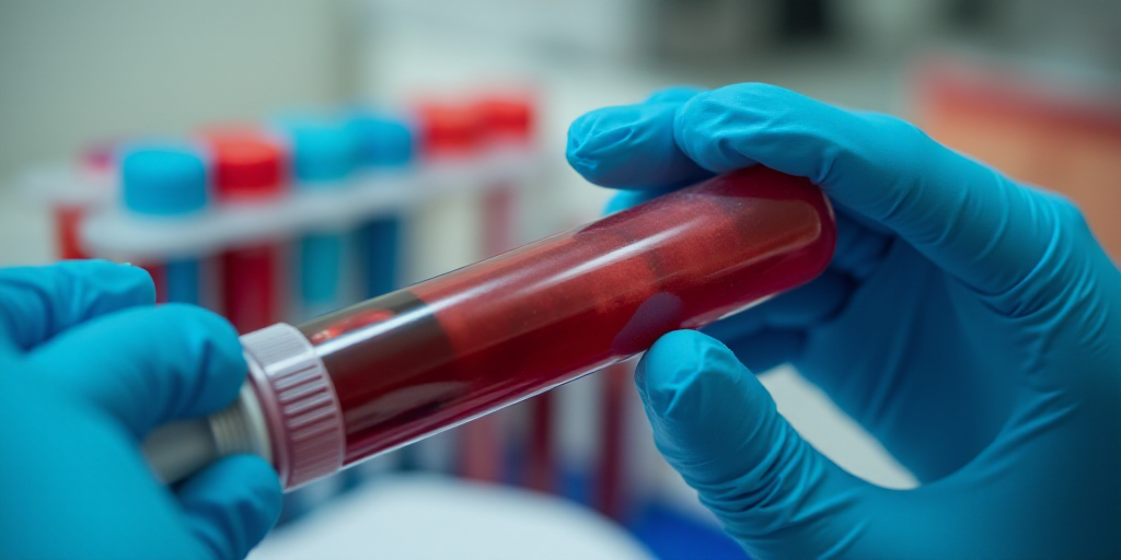 a person in blue gloves holding a tube of blood in front of a bunch of colored tubes of blood, Aquir