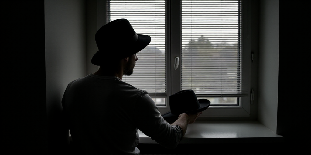 a person is holding a hat and looking out a window with blinds closed and a hat on his head, Cedric
