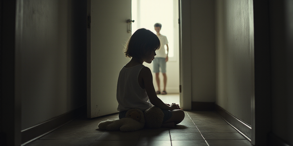 a person sitting on the floor with a stuffed animal next to them and a door behind them with a perso