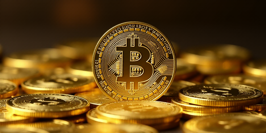 a pile of gold bitcoins sitting on top of each other in a pile of gold coins with bitcoins on top, A