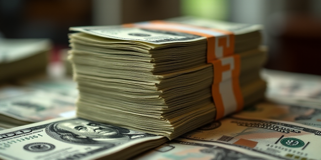 a pile of money sitting on top of each other on top of a table next to a pile of other money, Elina