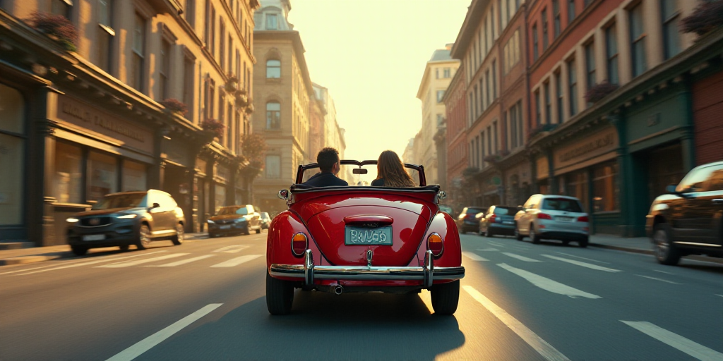 a red car driving down a street next to tall buildings with people in it's top down and a red car wi