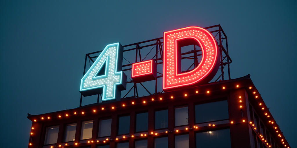 a sign that says 4 4 d above a building with lights on it and a clock on the wall, Epsylon Point, 4k