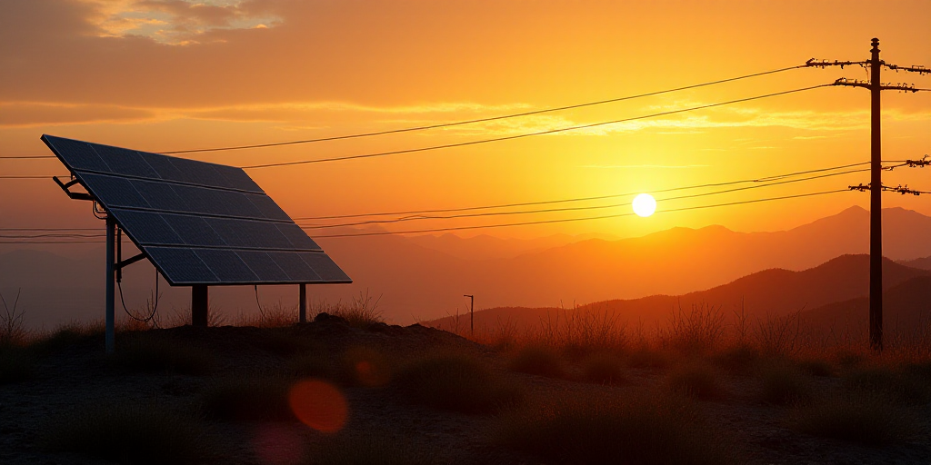 a solar panel and power lines at sunset with the sun setting behind it and mountains in the backgrou