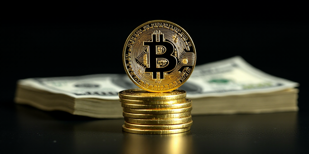 a stack of money with a bitcoin on top of it and a stack of dollars in the background, Charles Fremo