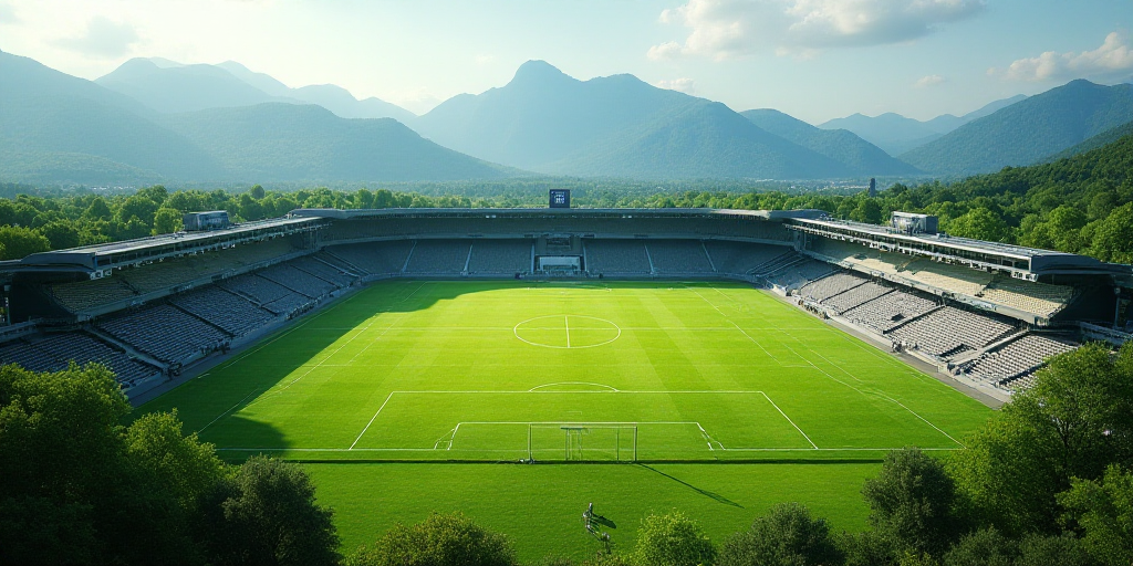a stadium with a large field and a field of grass and mountains in the background and a field of gra
