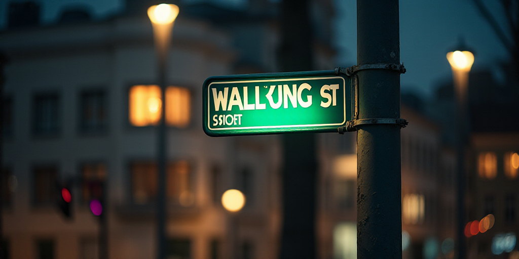 a street sign on a pole with a light on it's side next to a building with a wall street sign, Andrie