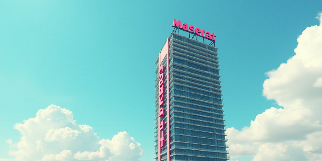a tall building with a sky background and a sign on the side of it that says maserat, Edi Rama, shar