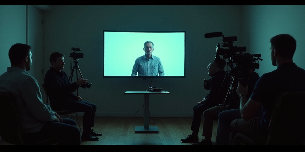 a television screen with a man on it in a room with other people and cameras around it, and a televi