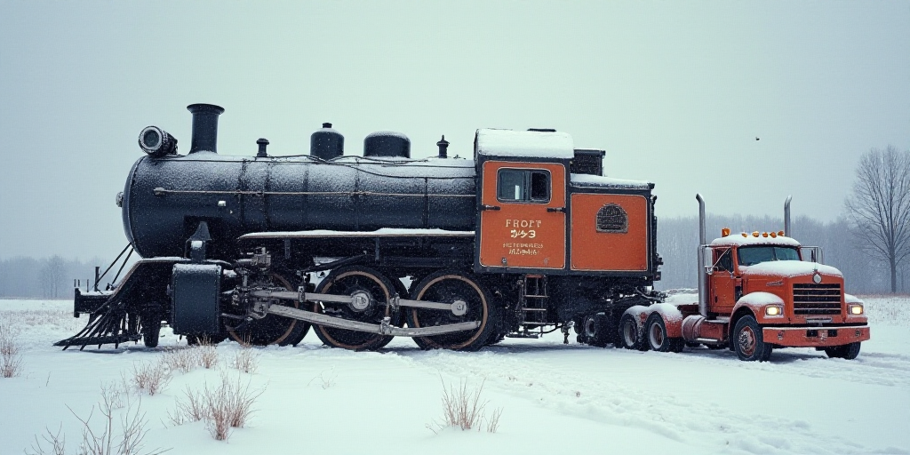 a train that has been knocked over on its side in the snow and is being towed by a truck, Elbridge A