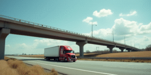 a truck driving down a road under a bridge overpass with a sky background and a few clouds in the sk