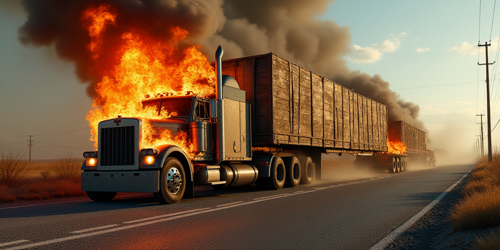 a truck with a trailer on it is on fire on the side of the road with another truck in the back, Estu