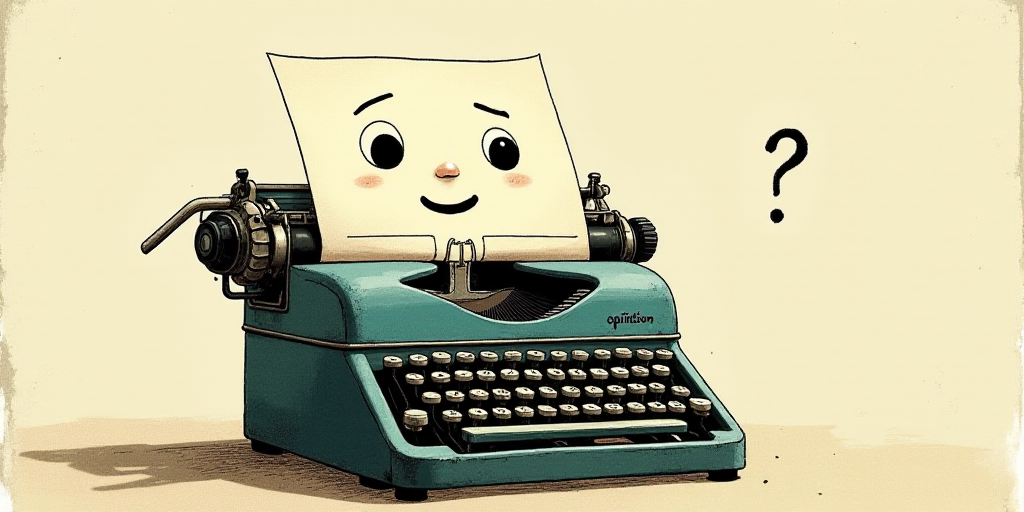 a typewriter with a face drawn on it and a caption for the words opinion and a question, Edward Otho