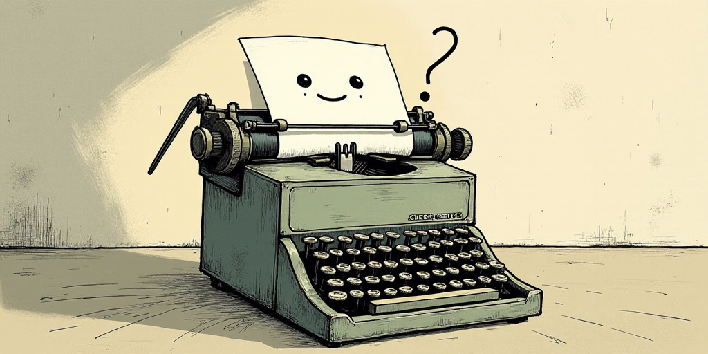 a typewriter with a face drawn on it and a caption for the words opinion and a question, Edward Otho