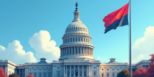 a view of the dome of the capitol building with a flag flying in the foreground and a blue sky in th