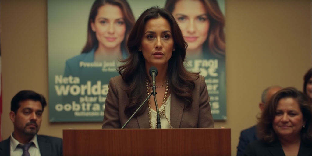 a woman giving a speech at a podium with a picture of a woman behind her and a sign behind her, Eva