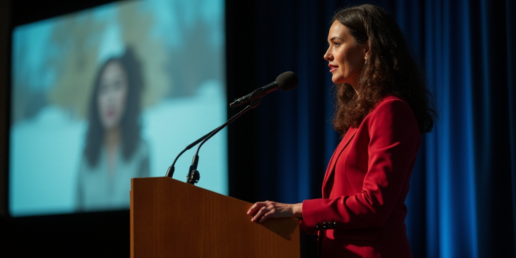 a woman giving a speech at a podium with a microphone in front of her and a screen behind her, Arace