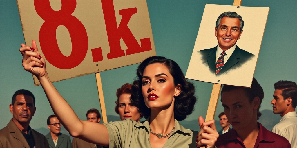 a woman holding a sign with a picture of a man holding a sign with a political image on it, Ada Glad