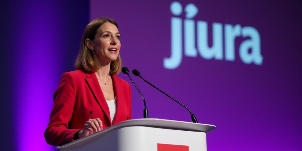 a woman in a red jacket speaking into a microphone at a podium with a purple background and a jura l