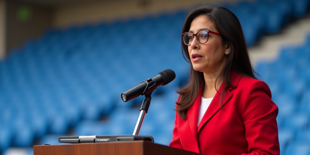 a woman in a red suit and glasses speaking into a microphone at a press conference in a stadium with