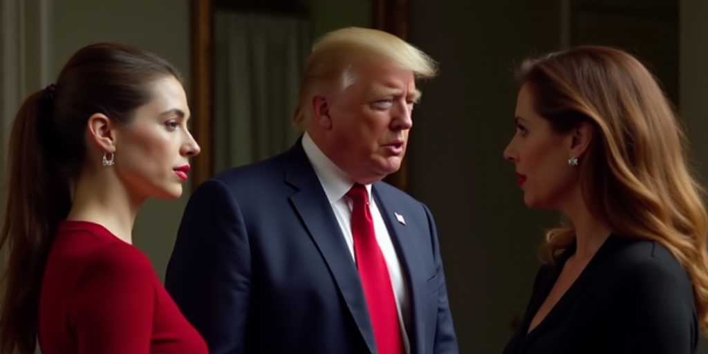 a woman in a red tie and president donald trump in a blue suit and a woman in a red sweater, Ancell
