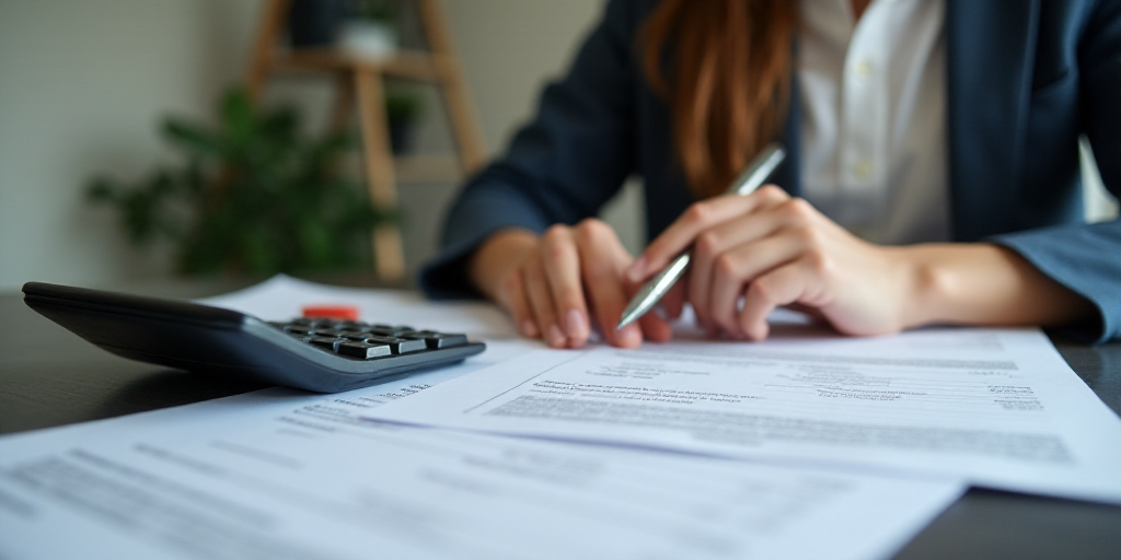 a woman is sitting at a desk with a calculator and a pen in her hand and a stack of papers, Constant
