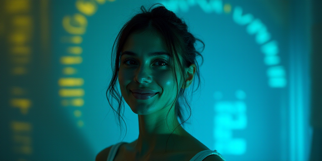 a woman is smiling for a picture with a blue background and a yellow border around her is a blue and