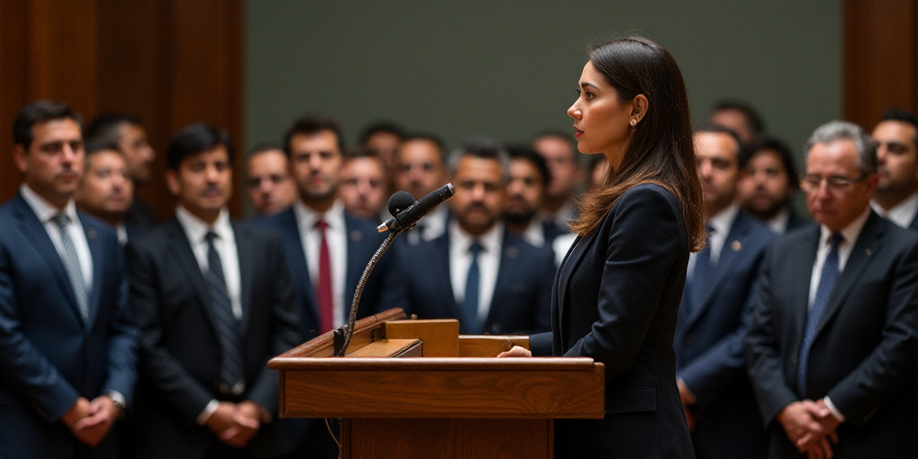 a woman standing at a podium in front of a crowd of people in suits and ties, with a microphone in f
