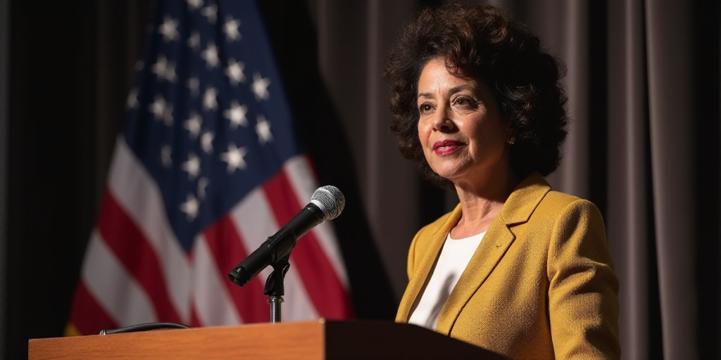 a woman standing at a podium with a microphone in front of a flag and a microphone in front of a mic