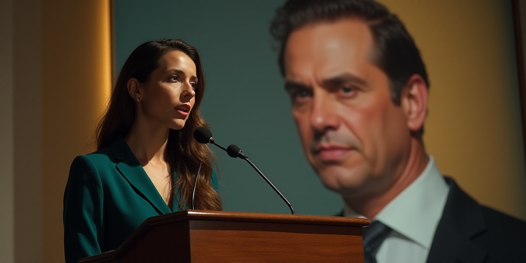 a woman standing at a podium with a microphone in front of her and a picture of a man behind her, Ev