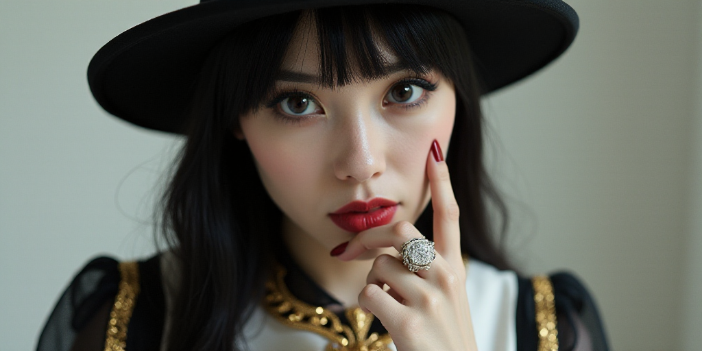 a woman with black hair and a black dress with a silver ring on her finger and a black and white dre