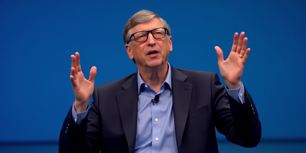 bill gates speaking on a television set with his hands up in the air and his eyes closed, with a blu
