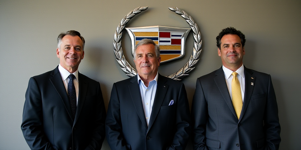 three men standing next to each other in front of a wall with a cadillac logo on it and a cadillac l