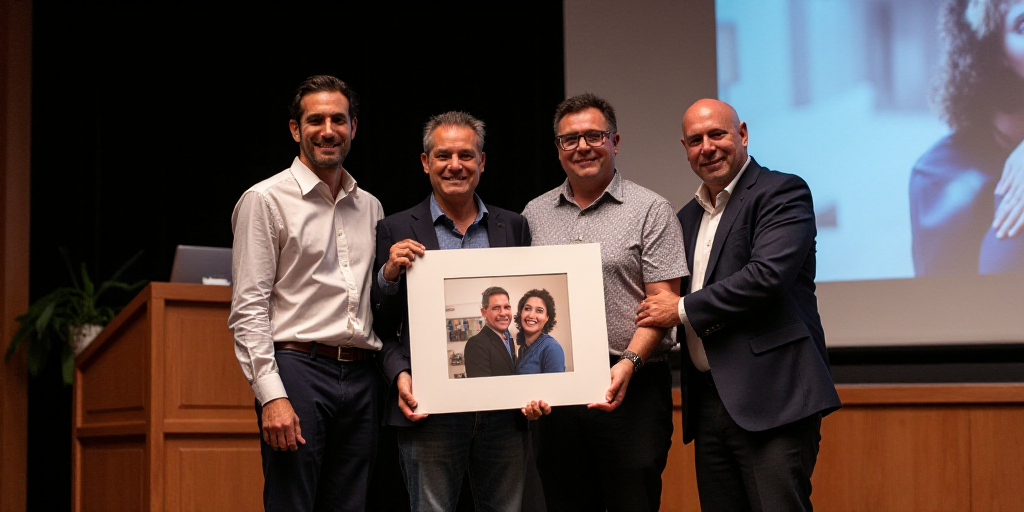 three people holding up a picture of a couple of people in front of a stage with a large screen, Car