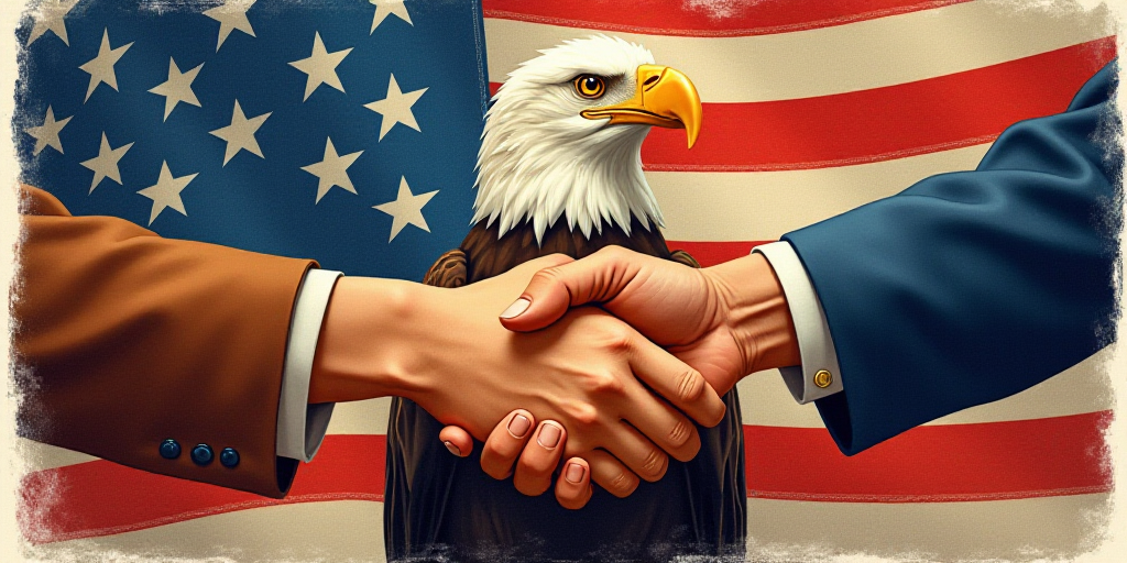 two hands shaking each other over a picture of flags and a flag of the united states behind them wit