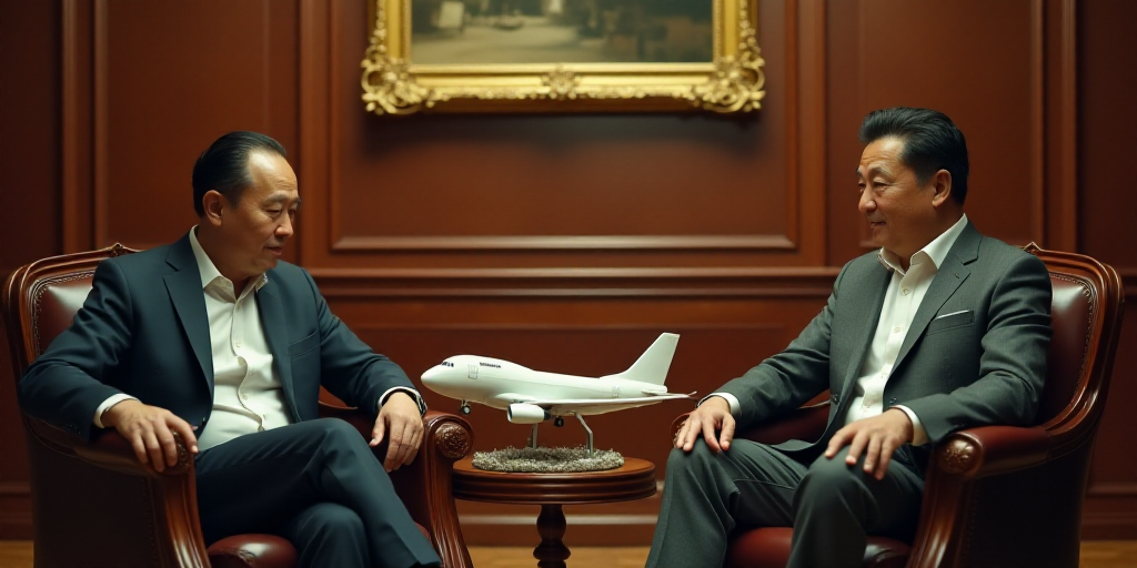 two men sitting in chairs in a room with gold decorations and a model airplane on the table in front