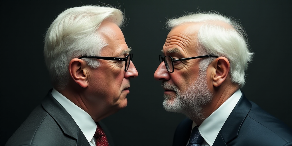two men with white hair and glasses are facing each other and one is wearing a suit and tie and the